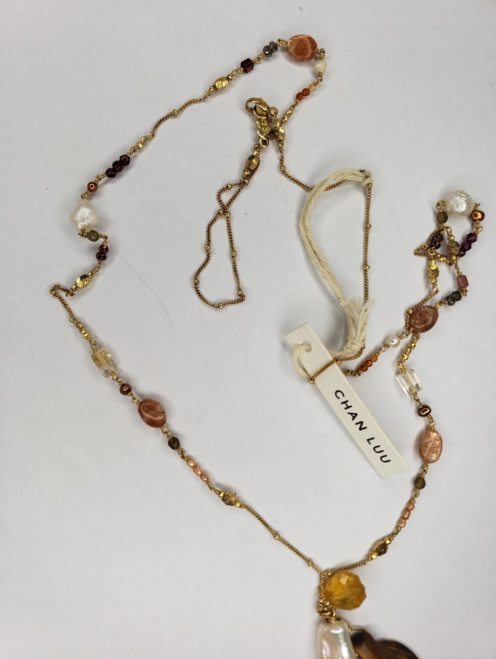 Chan Luu 925 Gold Necklace with Brown Tiger Eye Wing and Cream Pearl Charms - Picture 4 of 6